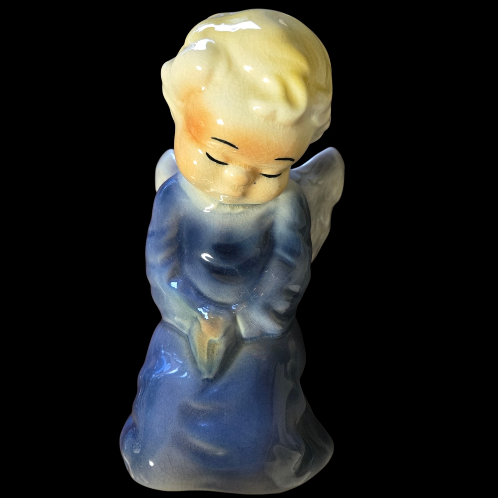 Vintage Ceramic Angel Figurine in Blue and Cream Vase Or Wall Pocket